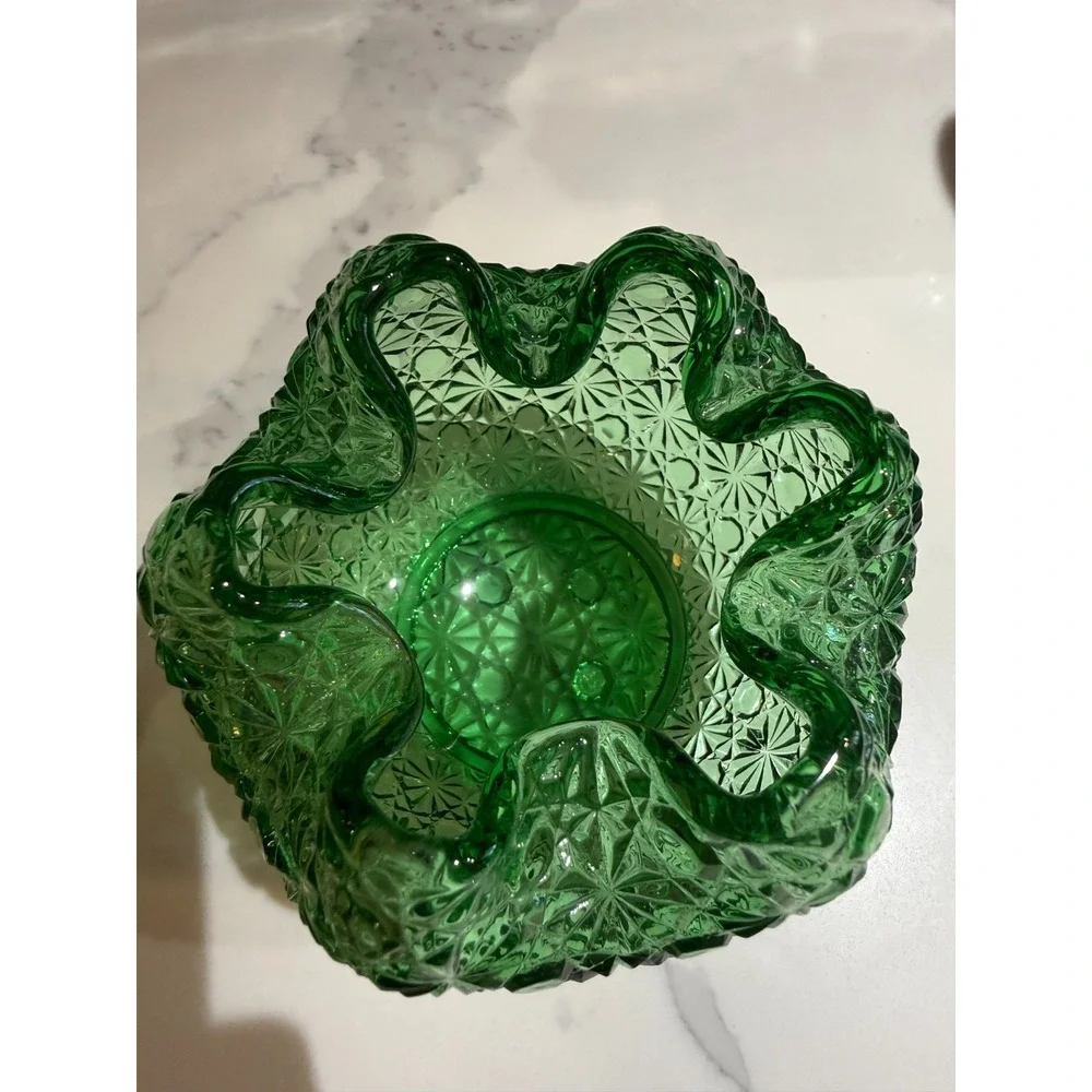 Green Daisy Button Glass Rose Bowl Vase with Ruffled/Crimped Rim Candle Holder
